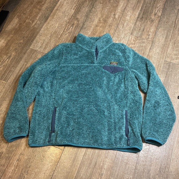 L.L. Bean Hi Pile Fleece Snap Pullover Fuzzy Teal Blue Women’s XL Zip Pockets - Picture 2 of 7